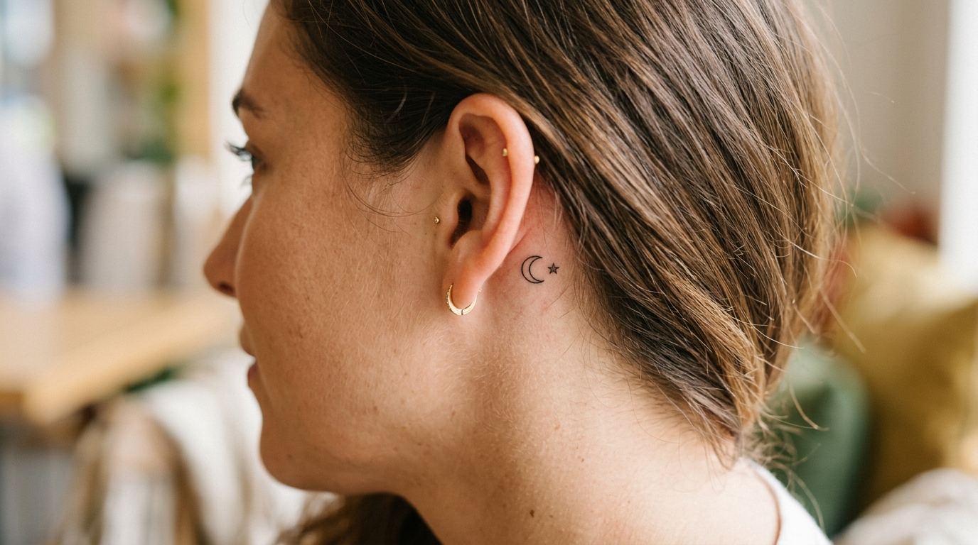 Маленькая тату звезда и месяц за ухом