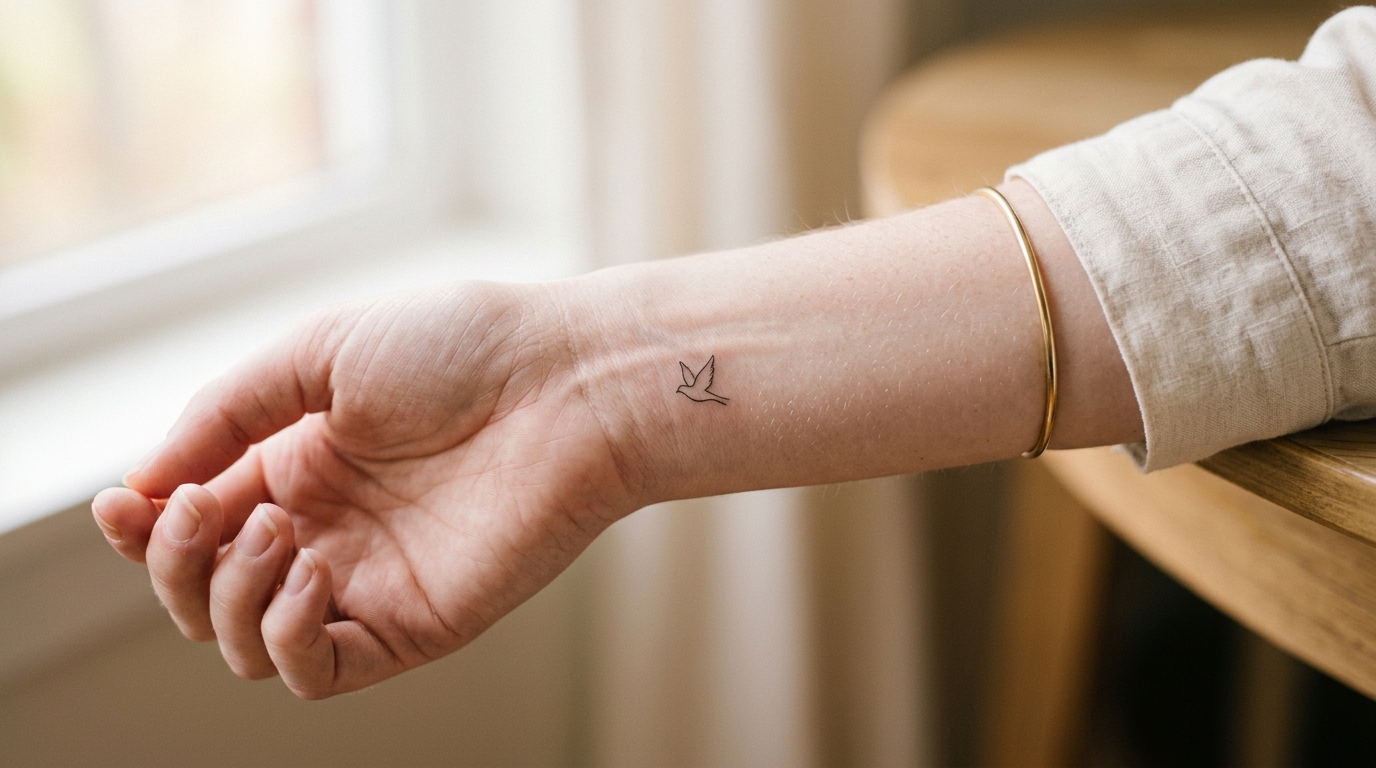 Миниатюрная тату-птичка в стиле fine-line на запястье девушки