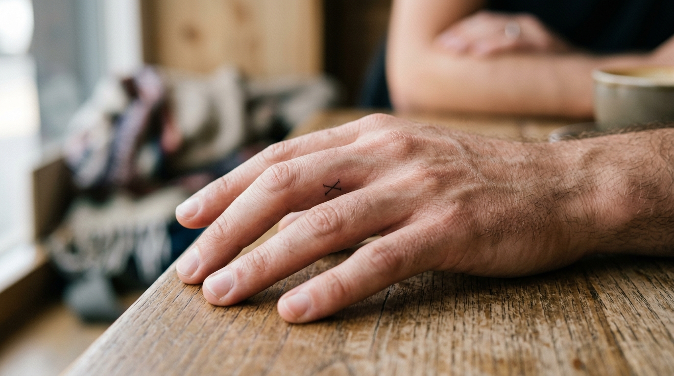 Минималистичная тату римские цифры на пальце мужчины