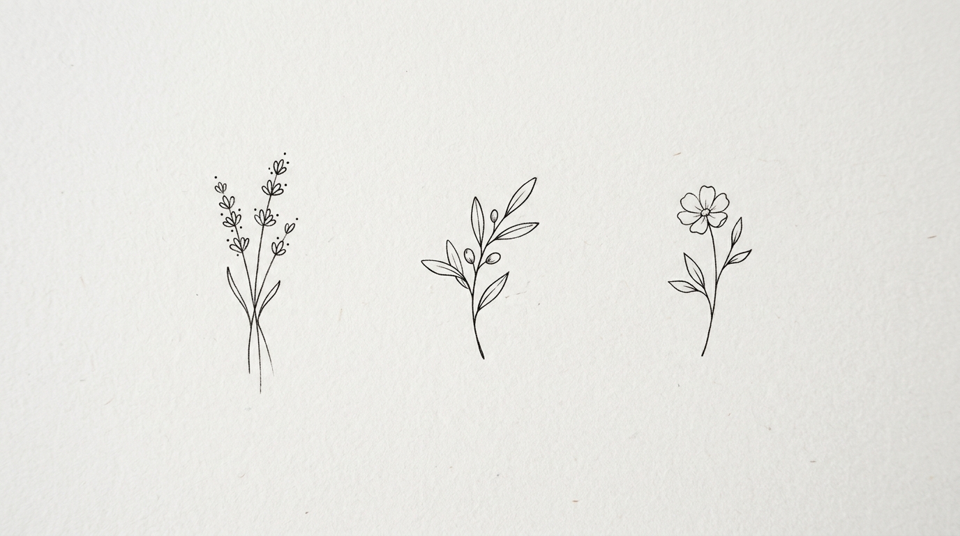 Минималистичные ботанические тату: ветка лаванды, стебель оливы, полевой цветок
