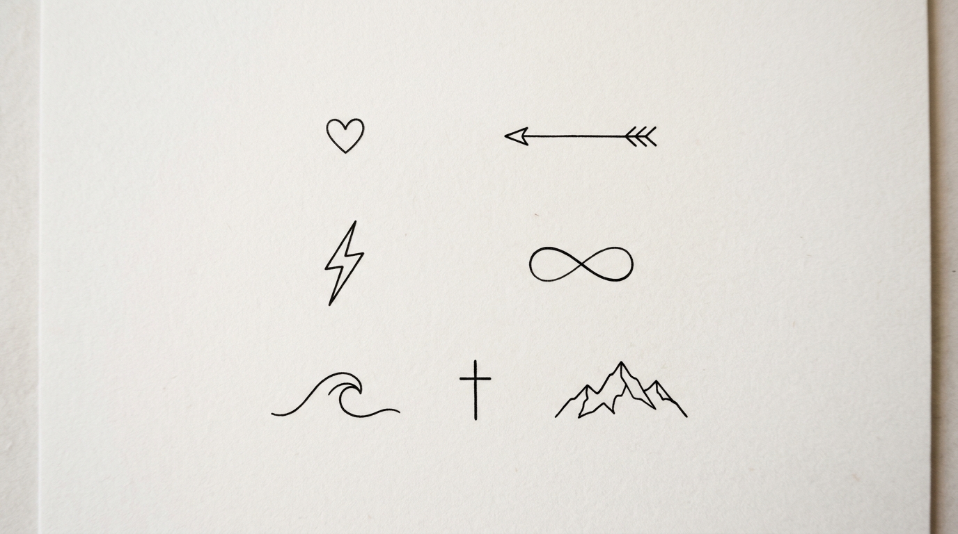 Набор эскизов минималистичных тату: сердечко, стрелка, молния, волна, горы, бесконечность, крестик