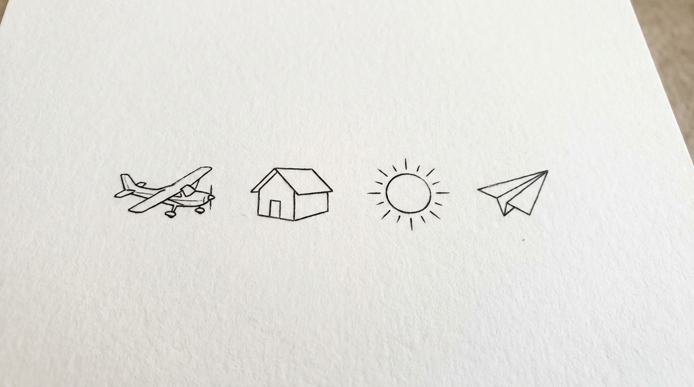 Миниатюрные тату-иконки: самолёт, домик, солнце, бумажный самолётик