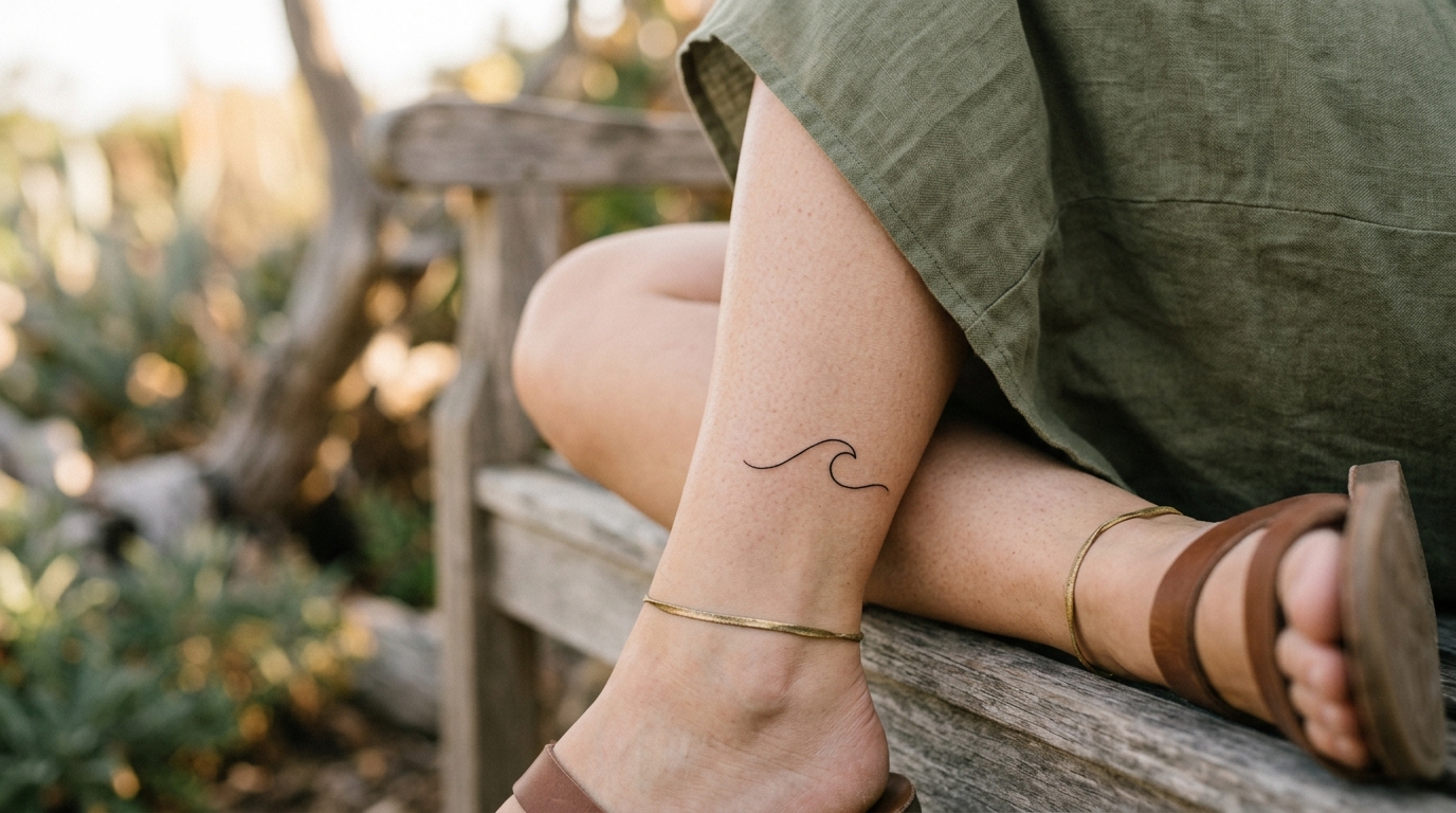 Минималистичная тату в виде волны на щиколотке