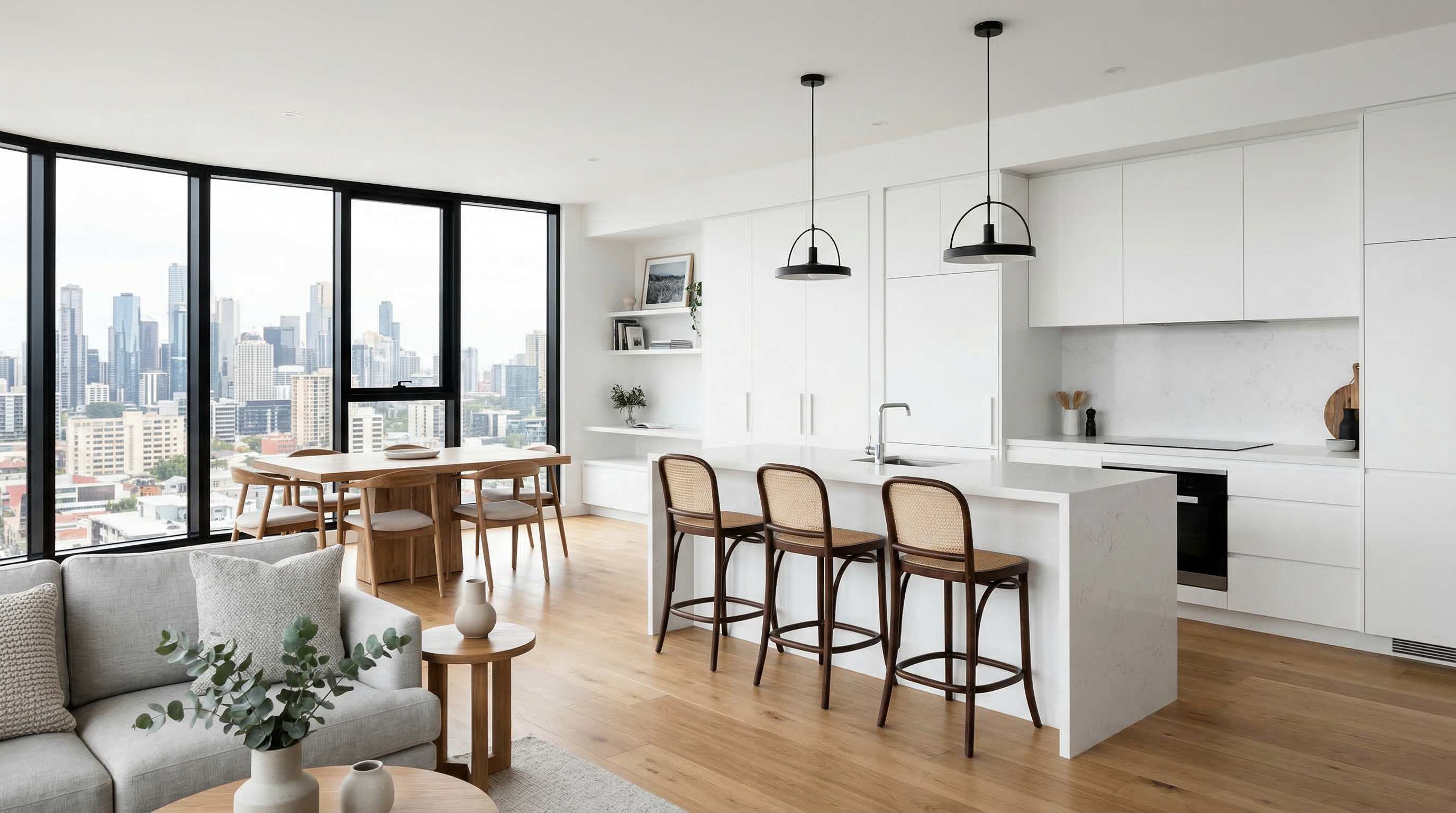 Минималистичная кухня-гостиная с открытой планировкой