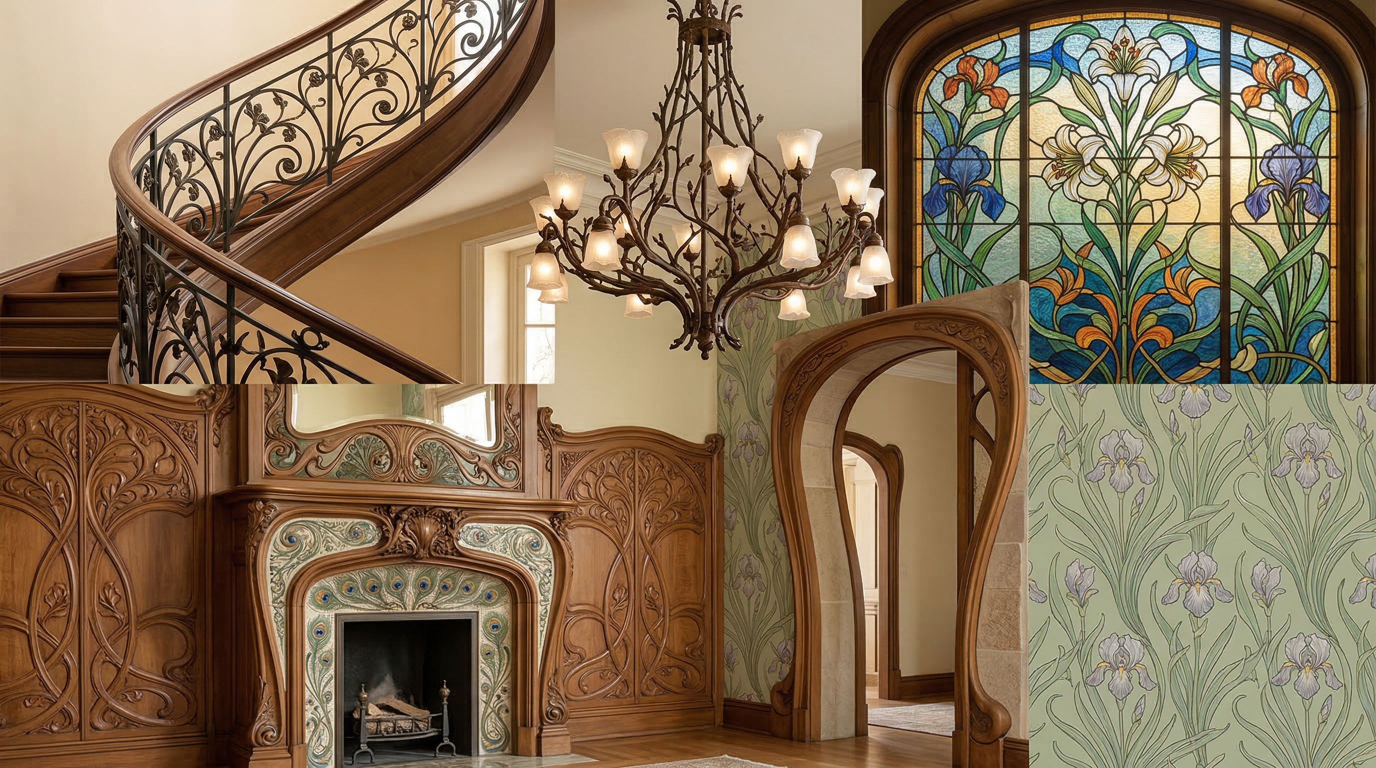 Элементы стиля модерн — изогнутые перила, витражное окно, растительные орнаменты на стенах, кованая люстра