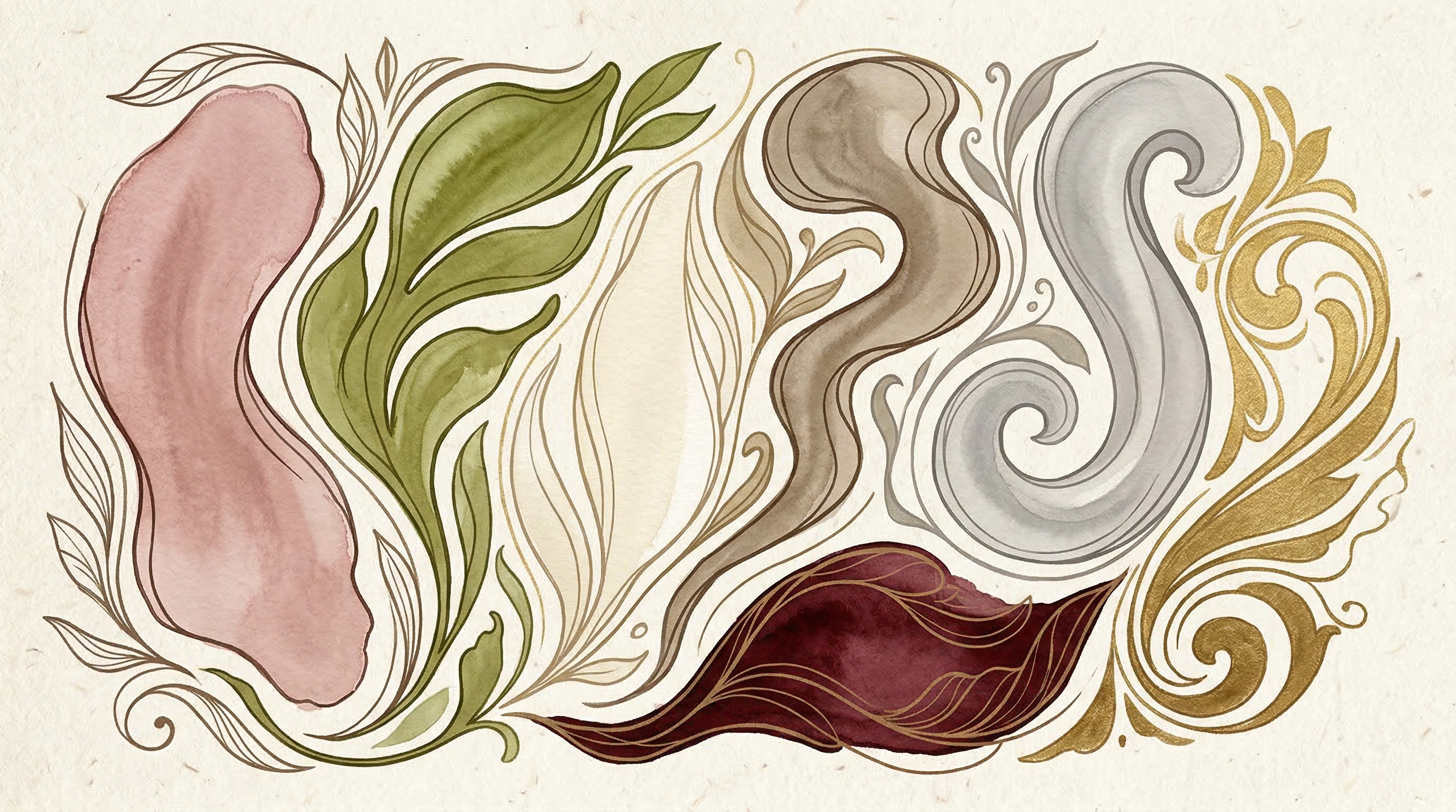 Цветовая палитра стиля модерн — пыльная роза, оливковый, слоновая кость, жемчужно-серый, бордо, бронзовый