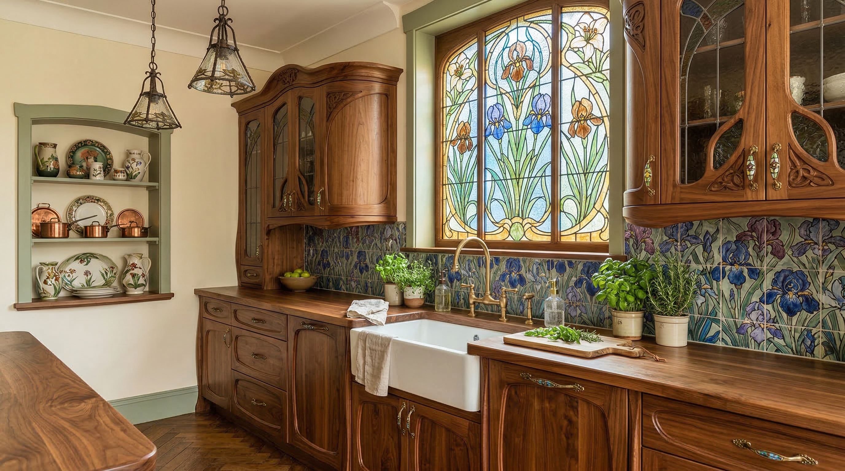 Кухня в стиле модерн — деревянные фасады с изогнутыми ручками, витражное окно, плитка с растительным узором