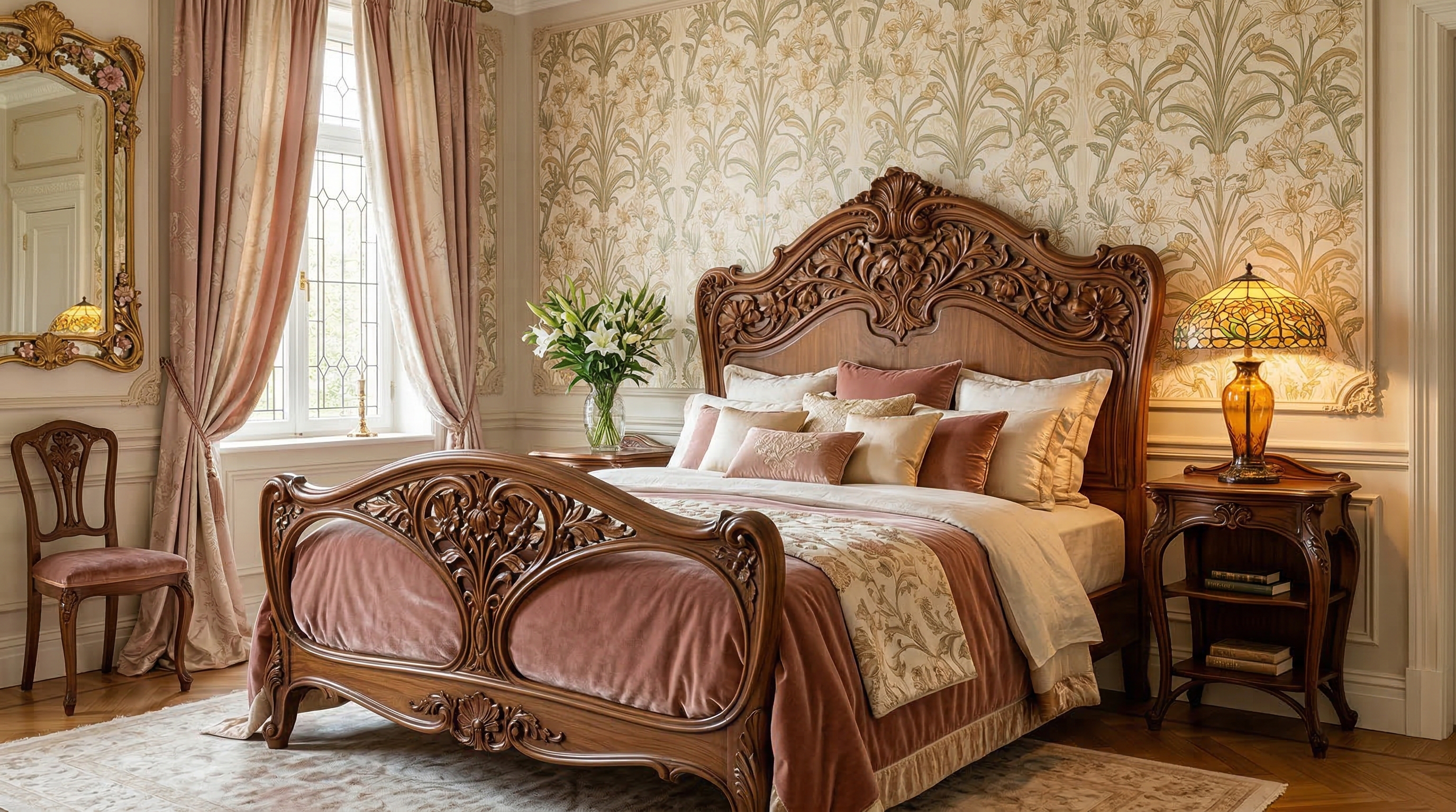 Спальня в стиле модерн — резное деревянное изголовье, шёлковые шторы, природные обои с лилиями