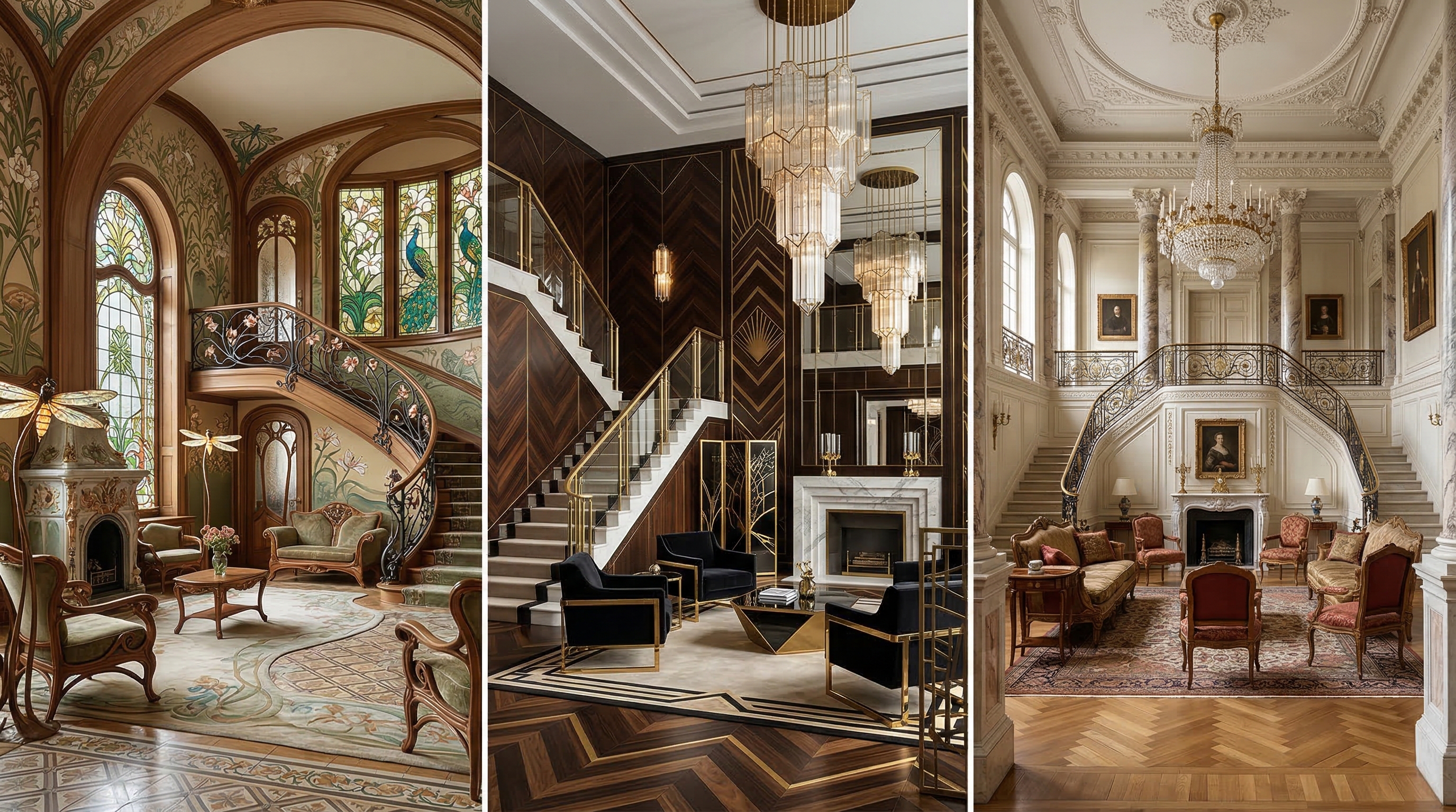 Сравнение трёх стилей интерьера: модерн (ар-нуво) с плавными линиями, ар-деко с геометрией, классика с симметрией