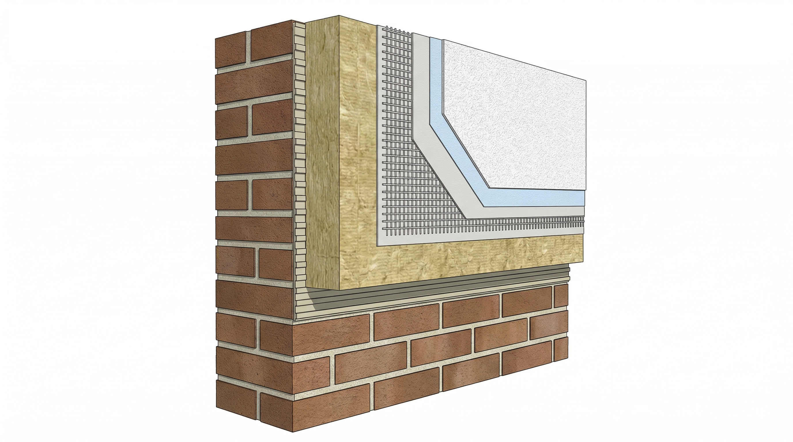 Схема системы мокрого фасада: слои от стены до декоративной штукатурки