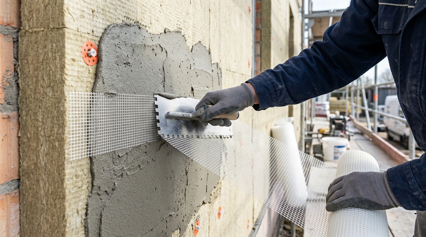 Армирование фасада стеклосеткой — нанесение базового штукатурного слоя