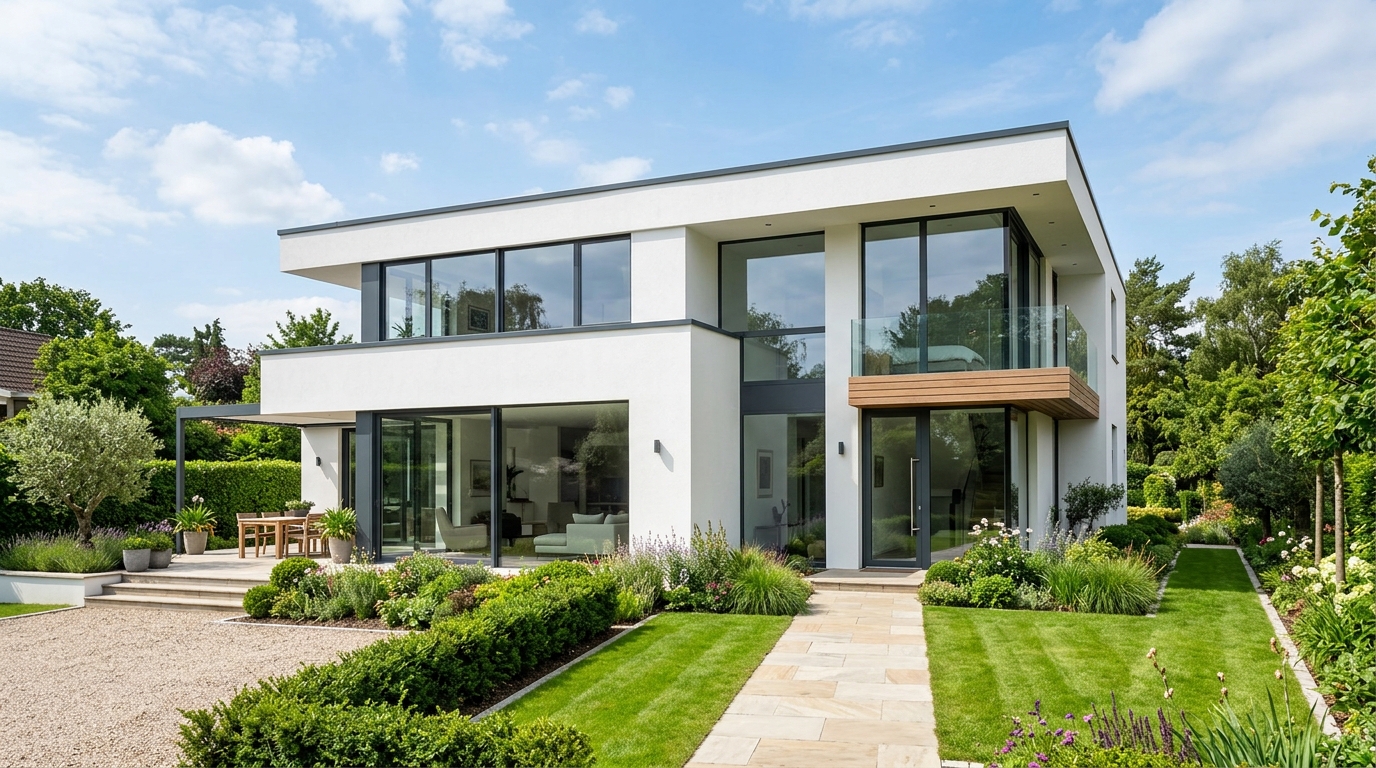 Современный дом с готовым мокрым фасадом — белая штукатурка, большие окна