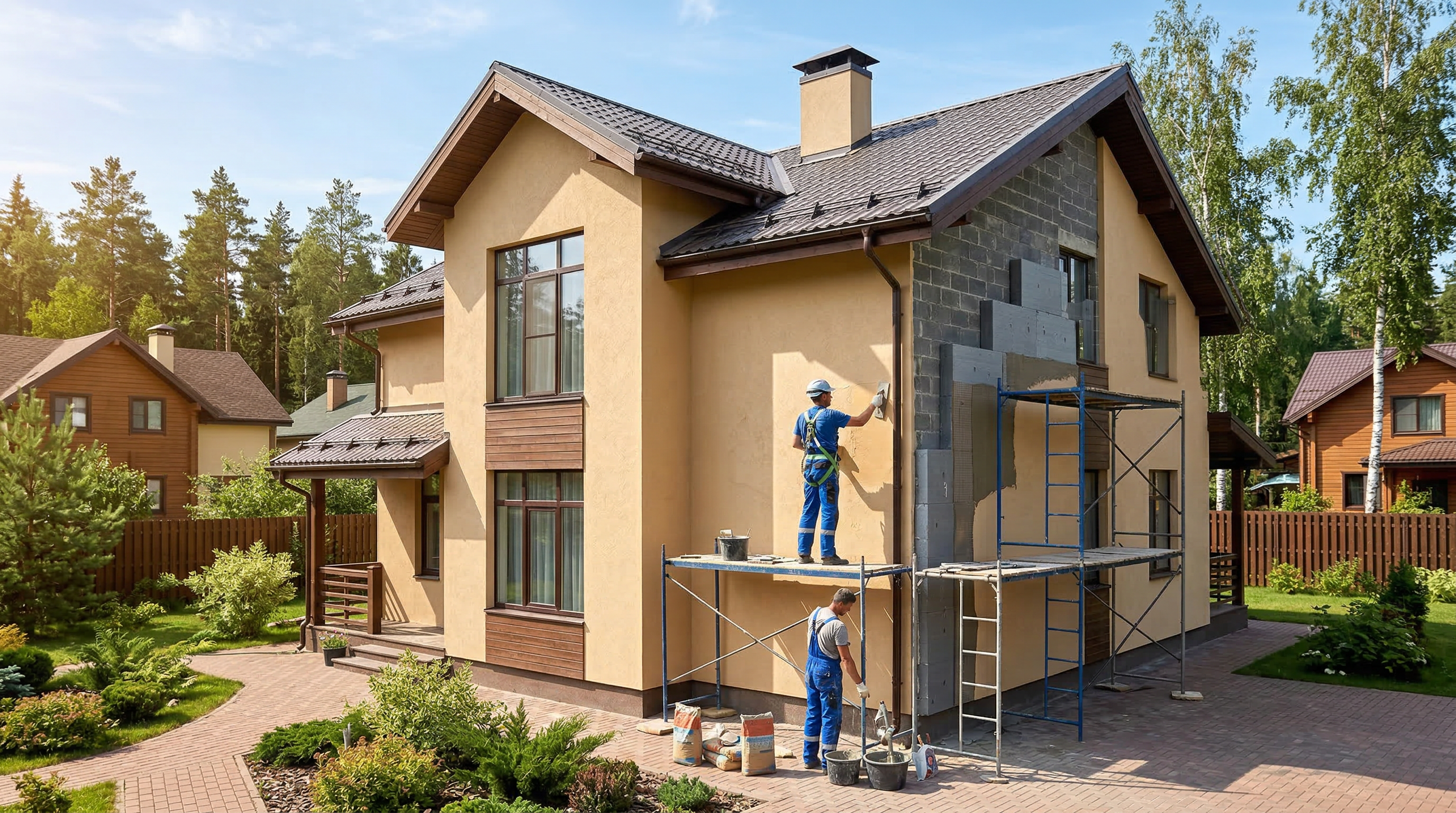 Дом с отделкой мокрым фасадом — декоративная штукатурка бежевого цвета поверх утеплителя