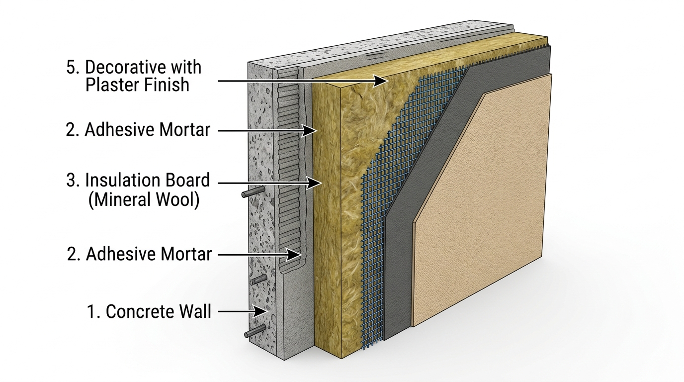 Схема слоёв мокрого фасада — от стены до финишного покрытия
