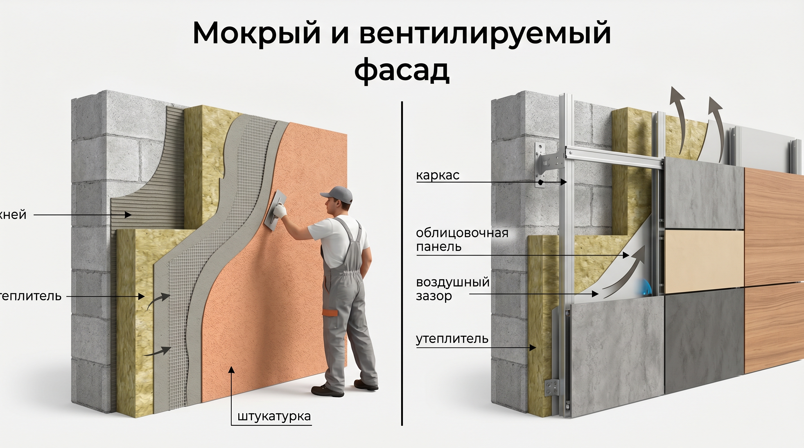 Сравнение мокрого и вентилируемого фасада в разрезе