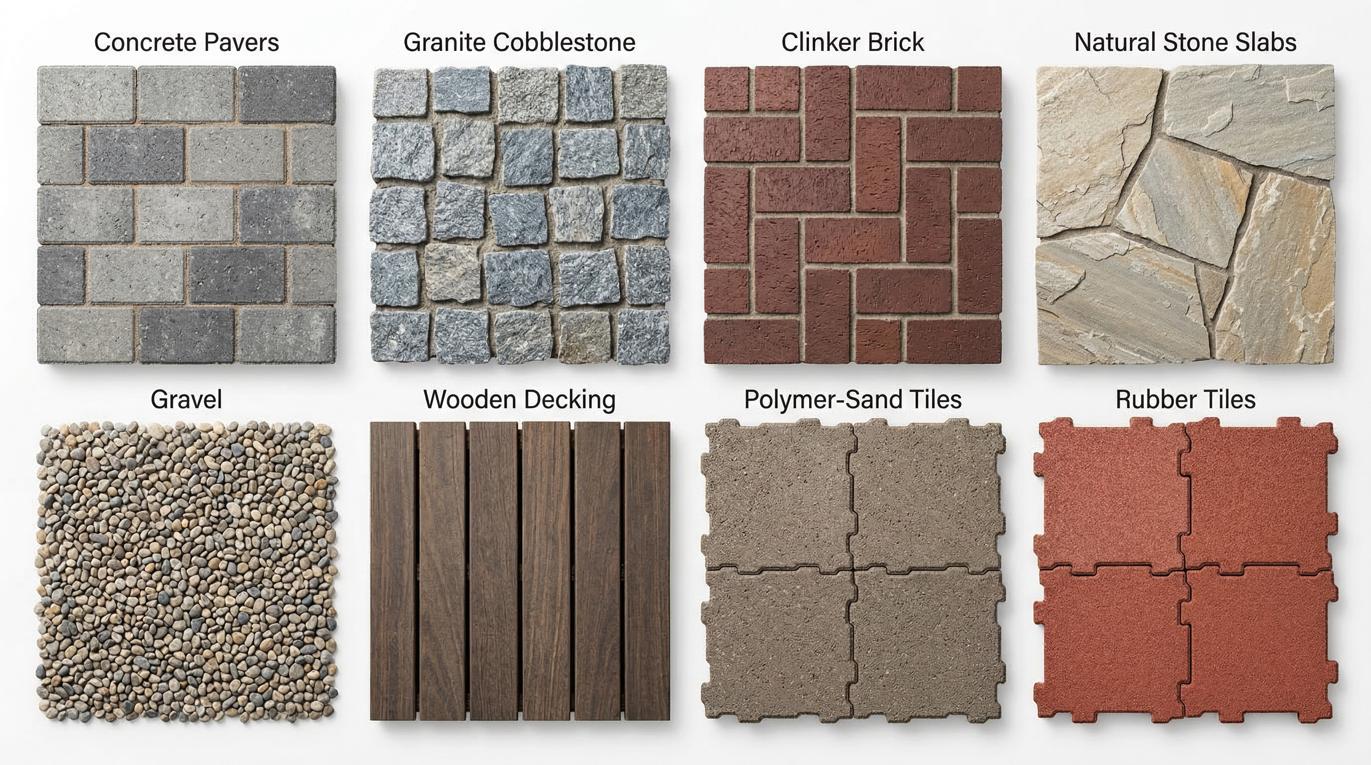 Популярные материалы для мощения дорожек: тротуарная плитка, гранитная брусчатка, клинкер, натуральный камень, гравий, дерево, полимерпесчаная и резиновая плитка