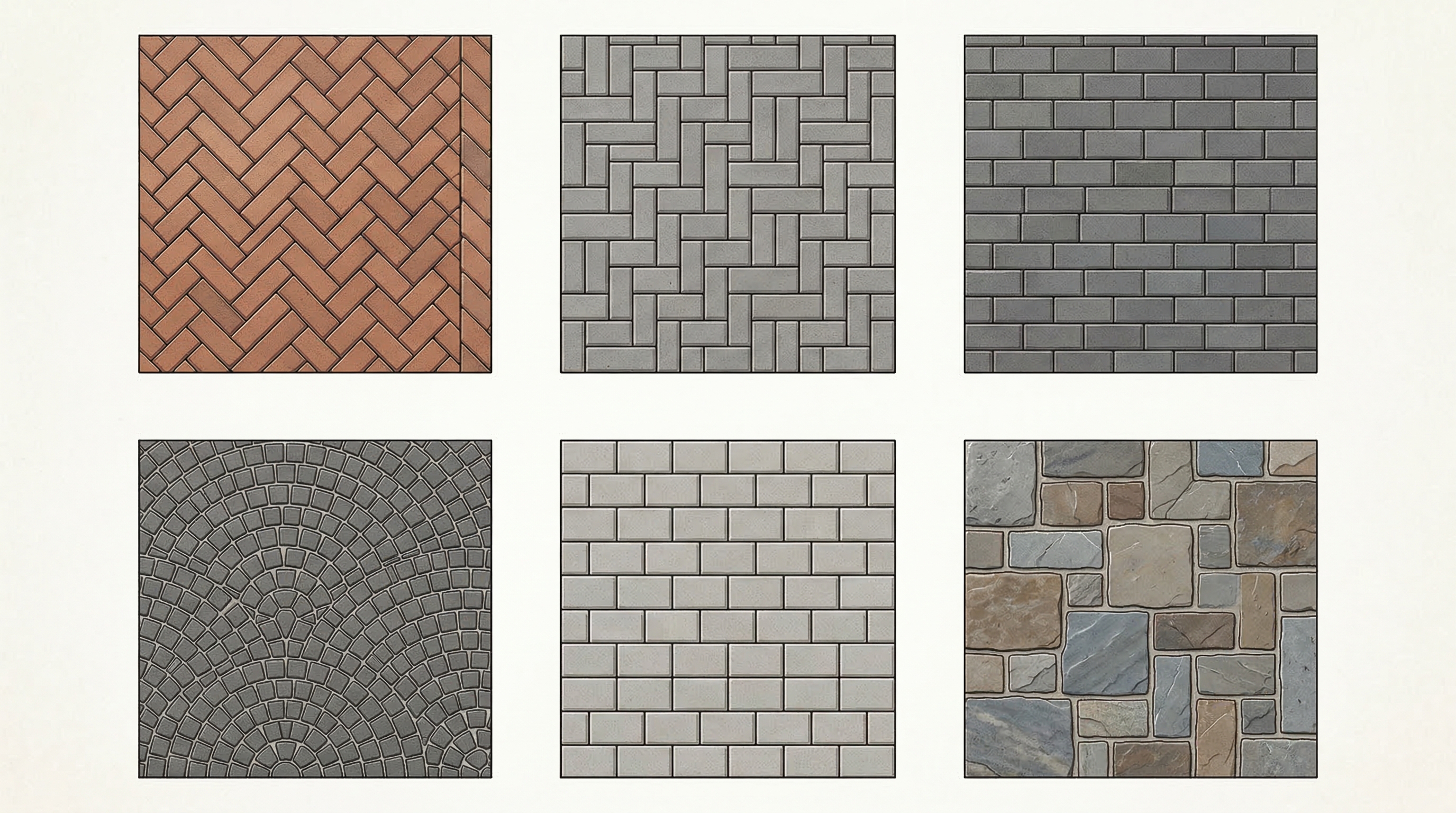 Шесть популярных схем укладки мощения: ёлочка, плетёнка, линейная, веерная, кирпичная перевязка, хаотичная