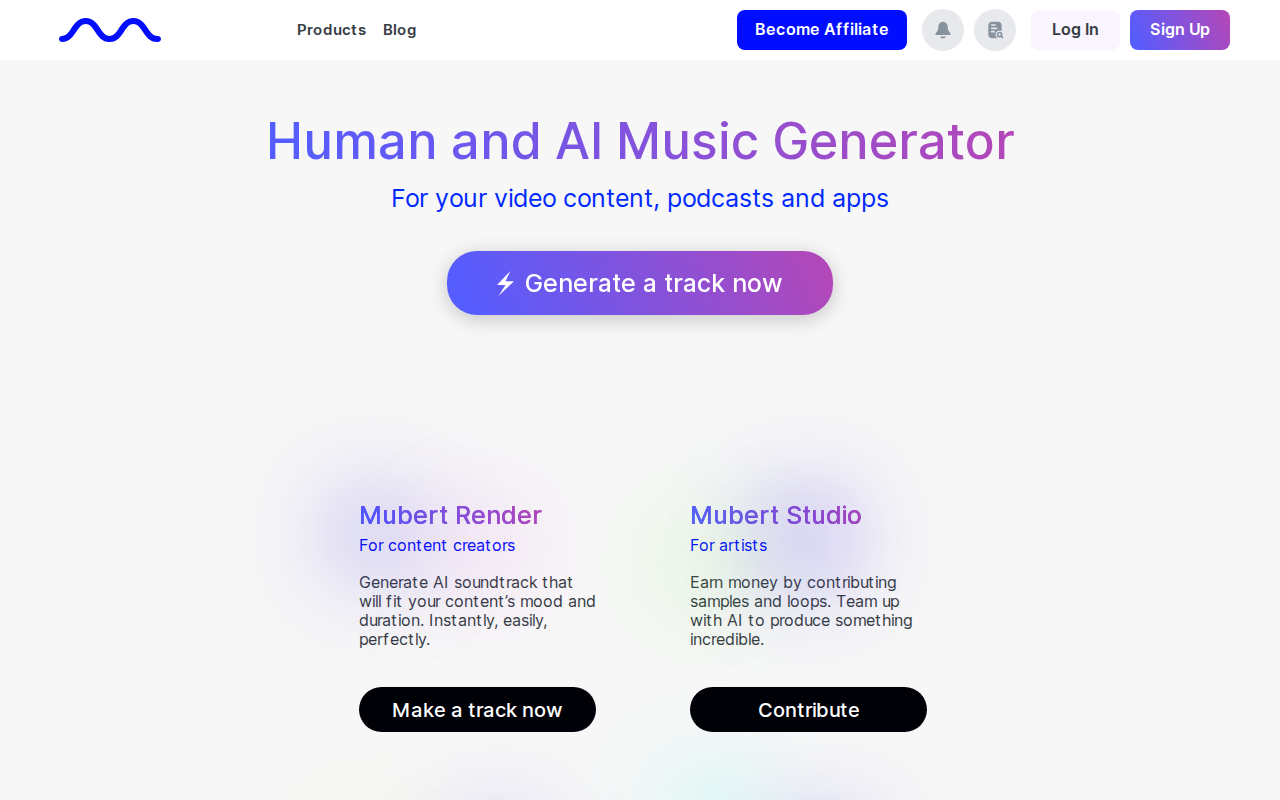 Скриншот главной страницы Mubert — генератор музыки для видео и подкастов