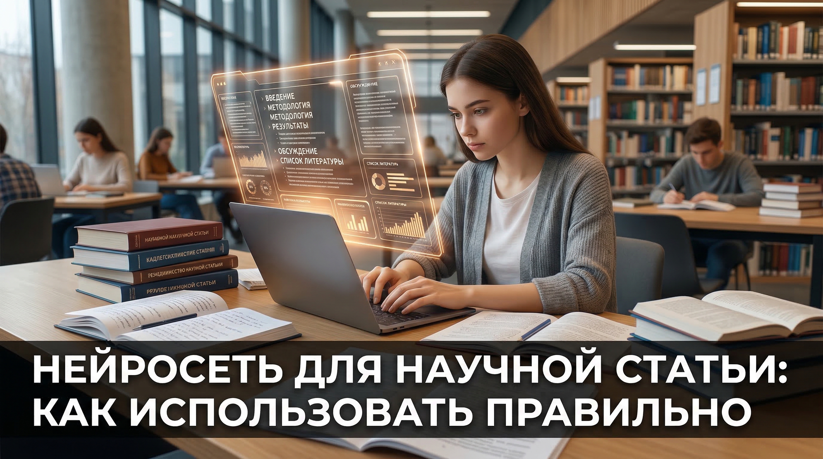 Нейросеть для научной статьи — студентка работает за ноутбуком в библиотеке с ИИ-интерфейсом