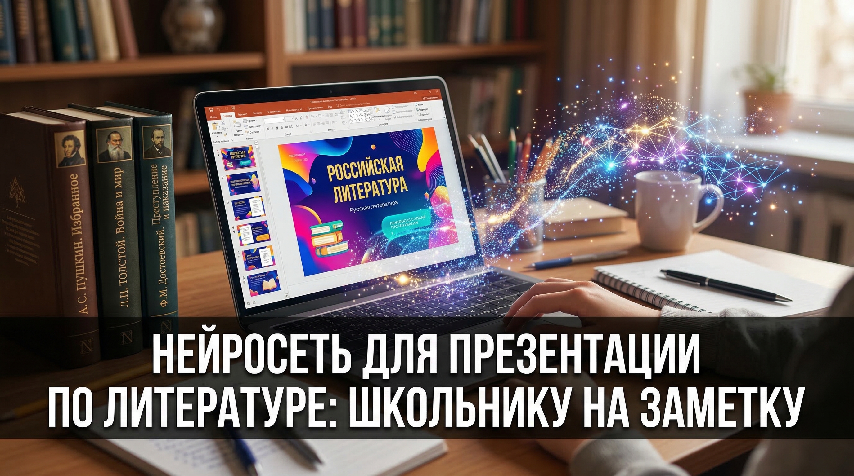 Нейросеть для презентации по литературе — школьнику на заметку: ноутбук с презентацией и книги на столе