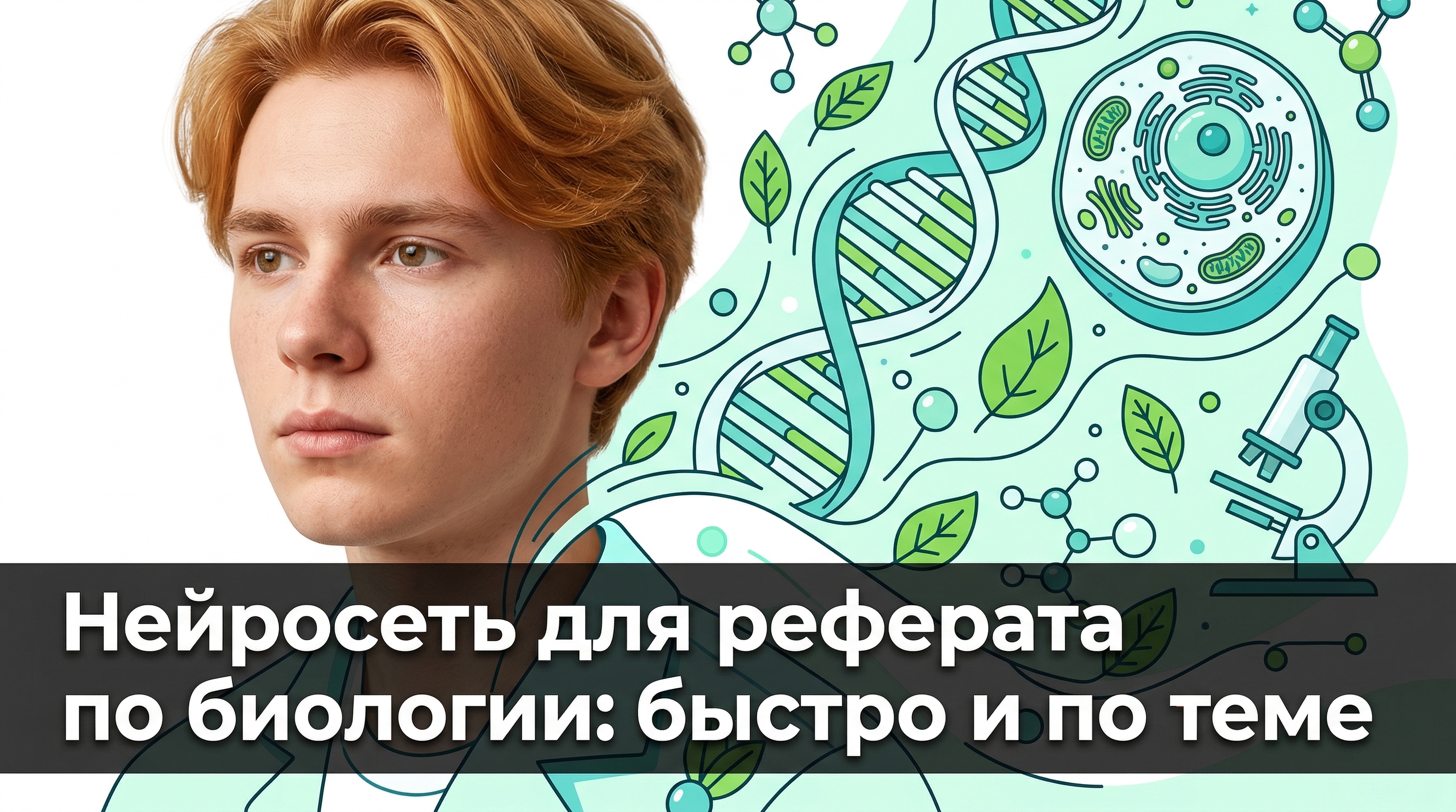 Нейросеть для реферата по биологии — студент с ноутбуком и иконки ДНК, клетки, микроскопа