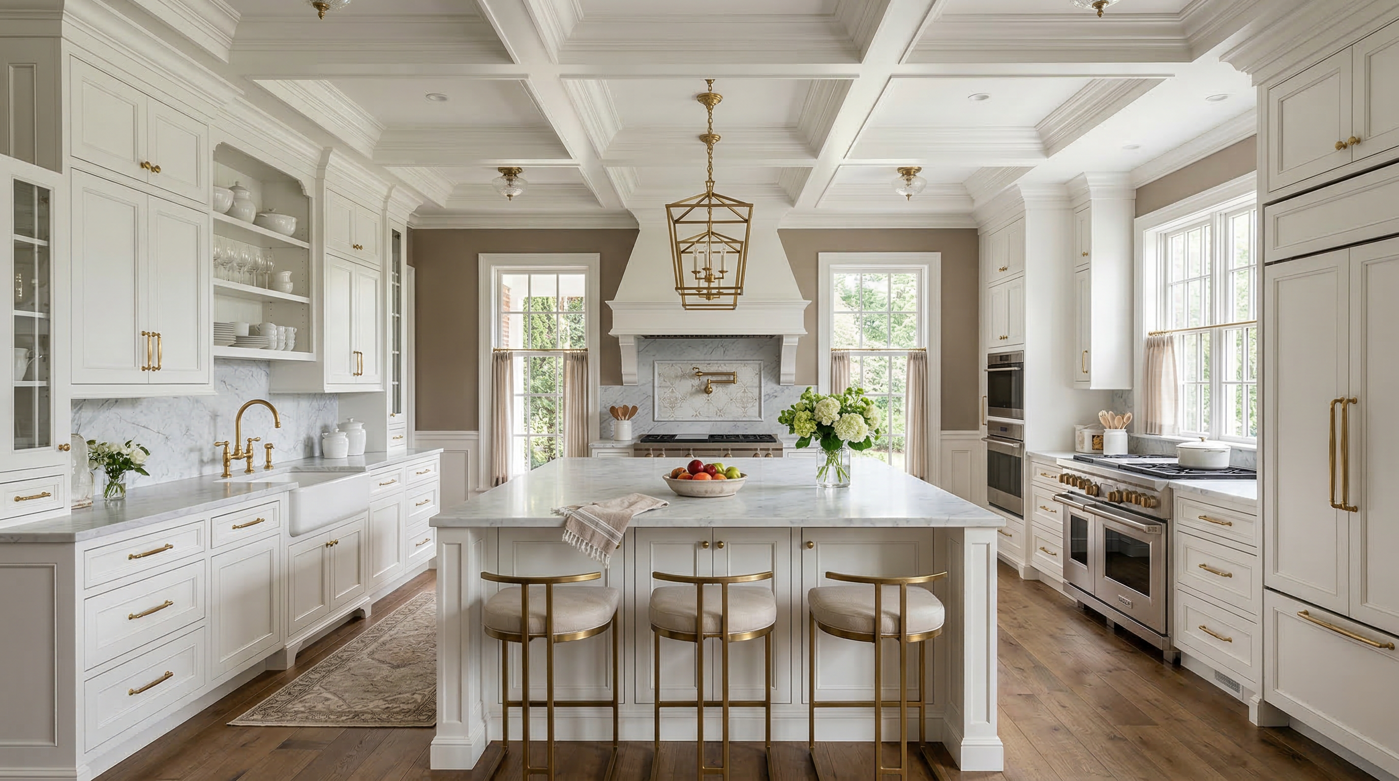 Кухня в стиле неоклассика — филёнчатые фасады, латунная фурнитура, мрамор