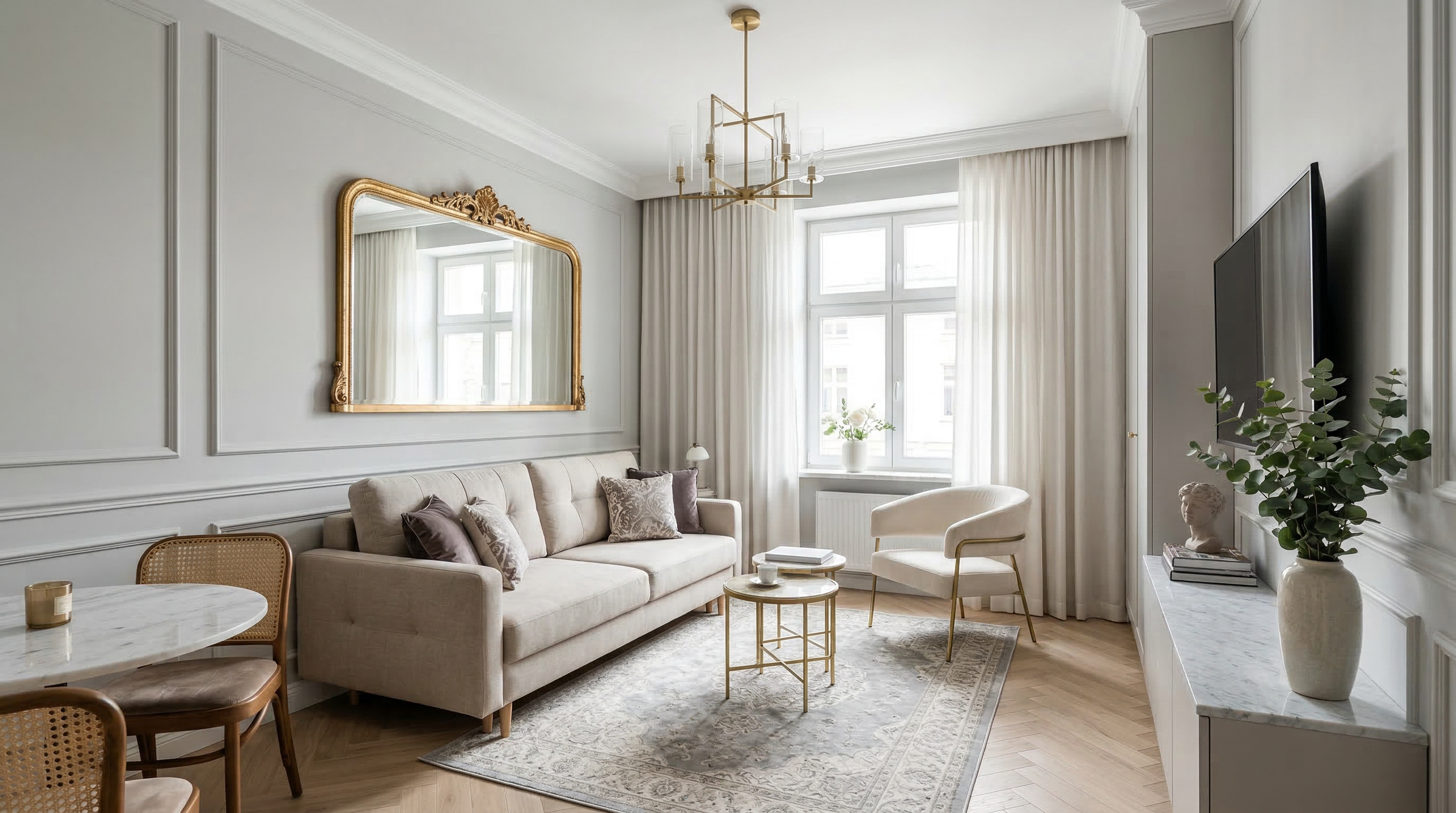 Неоклассика в компактной квартире — молдинги, зеркало и лёгкая мебель