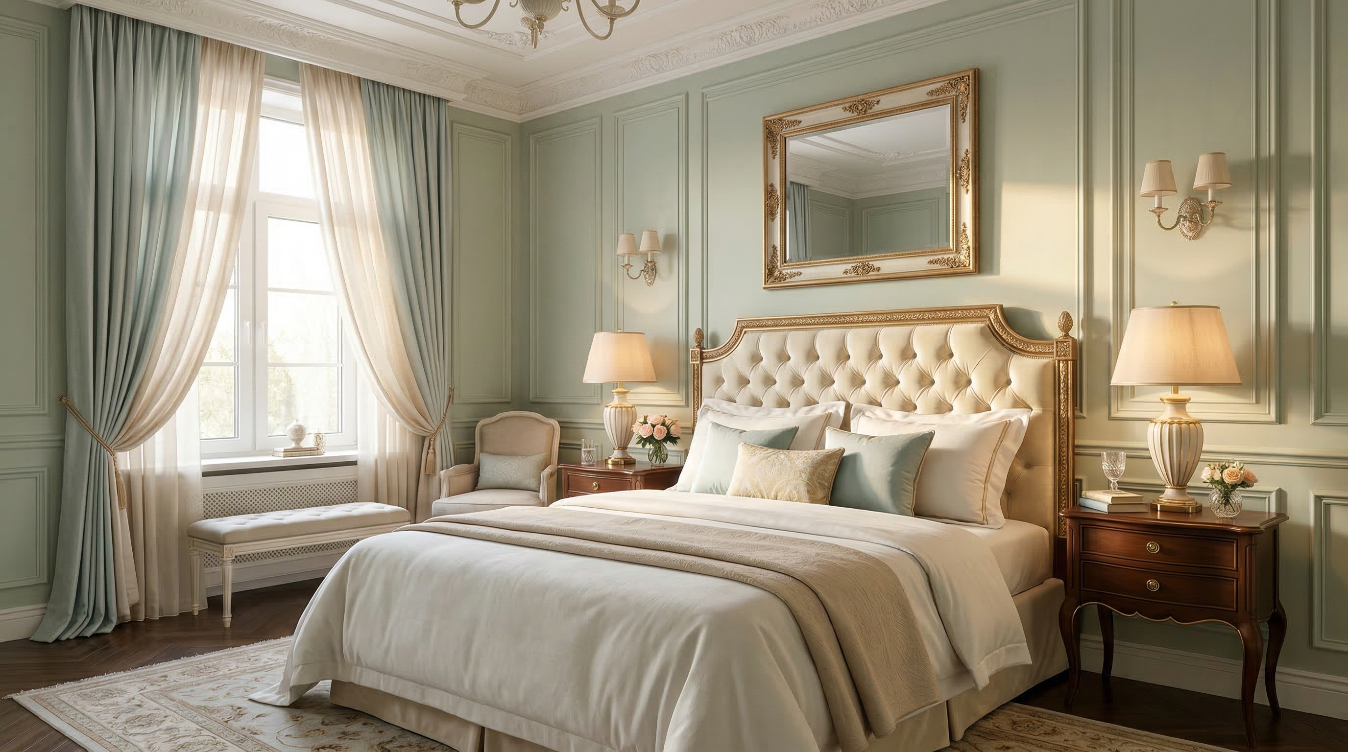 Спальня в неоклассическом стиле — каретная стяжка, симметрия и мягкий свет