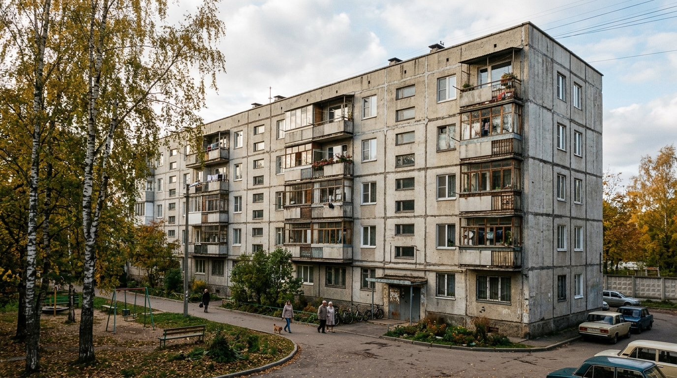 Панельный жилой дом, видны швы между панелями на фасаде