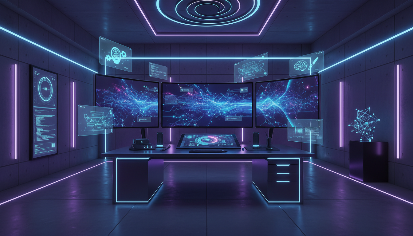 Футуристическая рабочая станция с AI-инструментами для генерации изображений