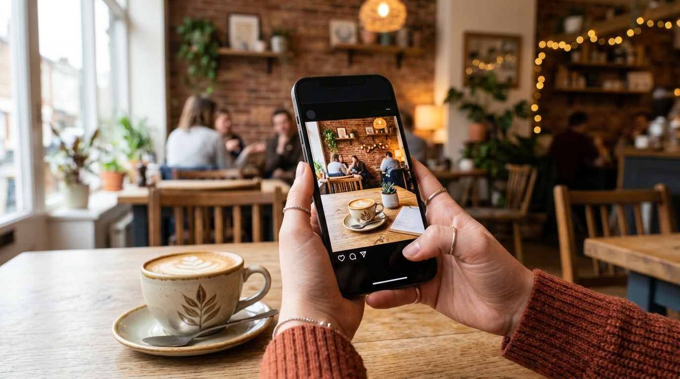 Стильная фотография интерьера кафе на телефоне как контент для соцсетей
