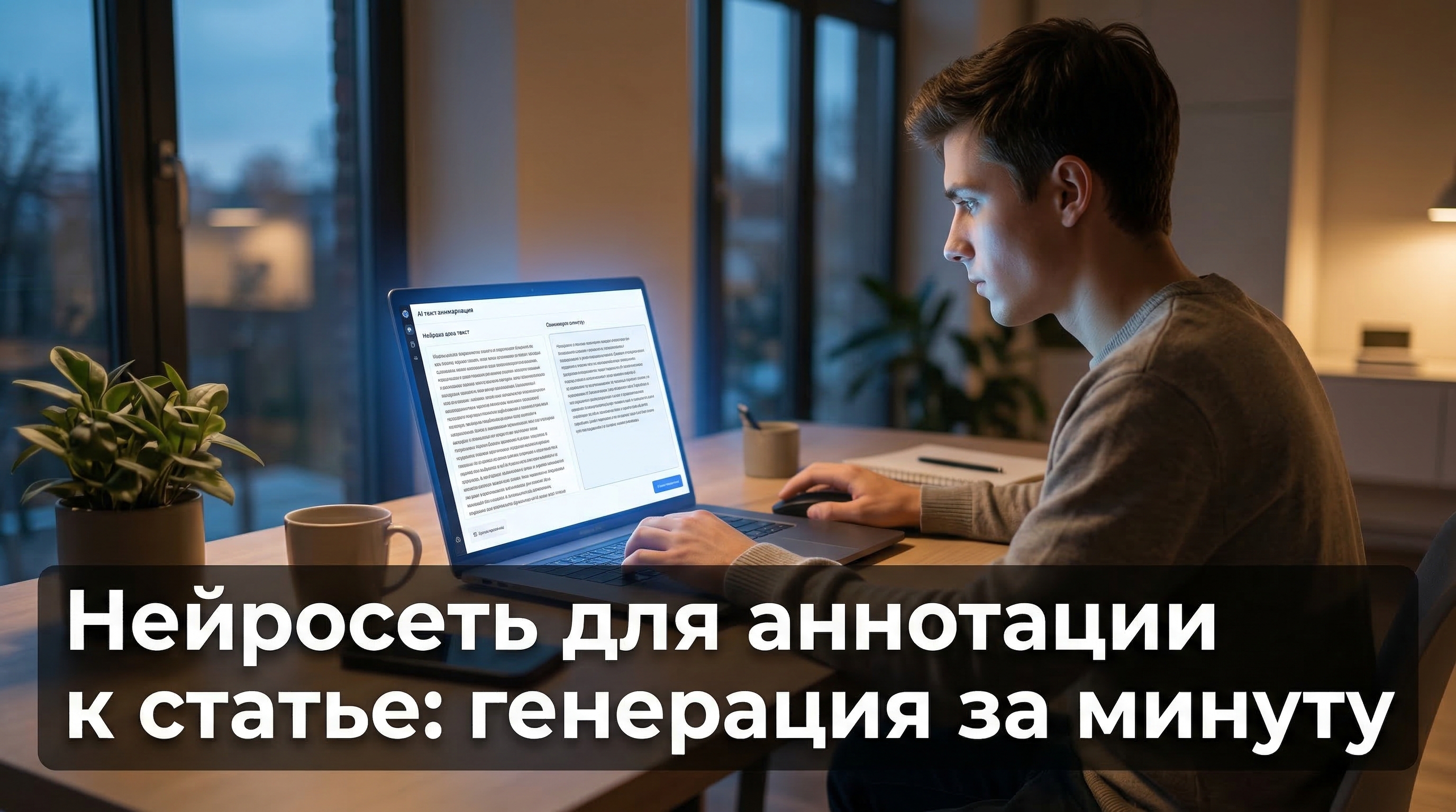 Нейросеть для аннотации к статье — студент работает с ИИ-сервисом на ноутбуке