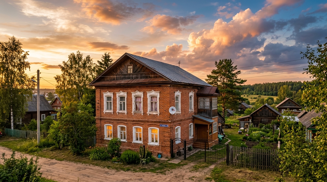 Замена серого неба на закатное на фото дома нейросетью