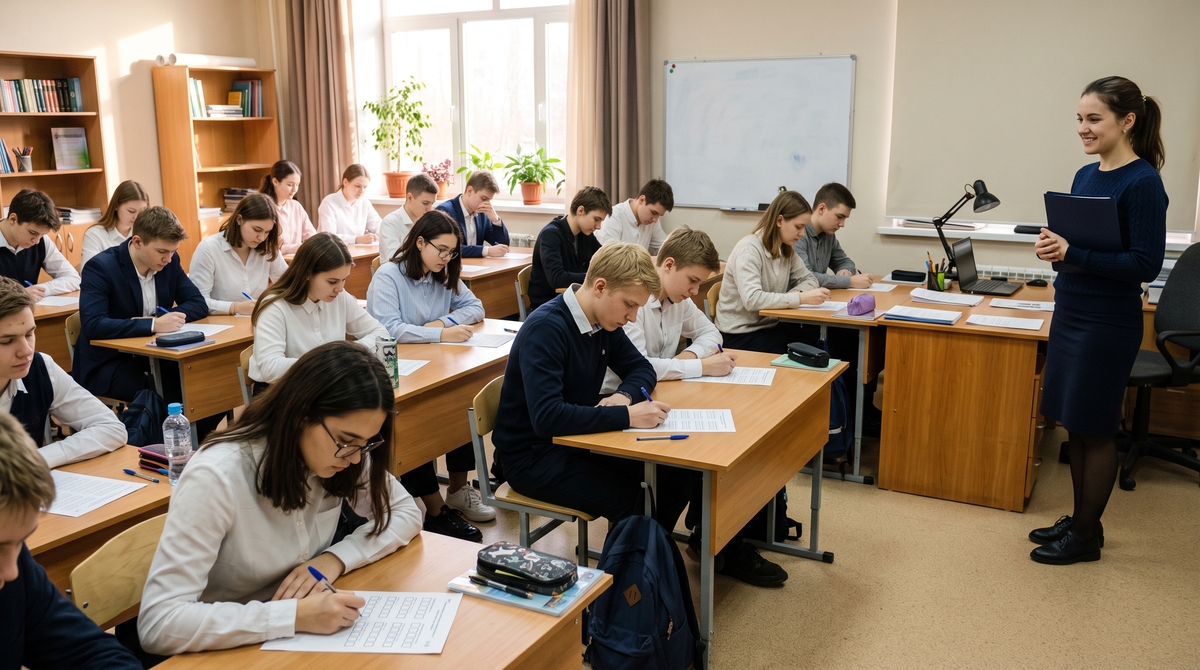 Одиннадцатиклассники заполняют бланки опросника, у учительского стола студентка-психолог