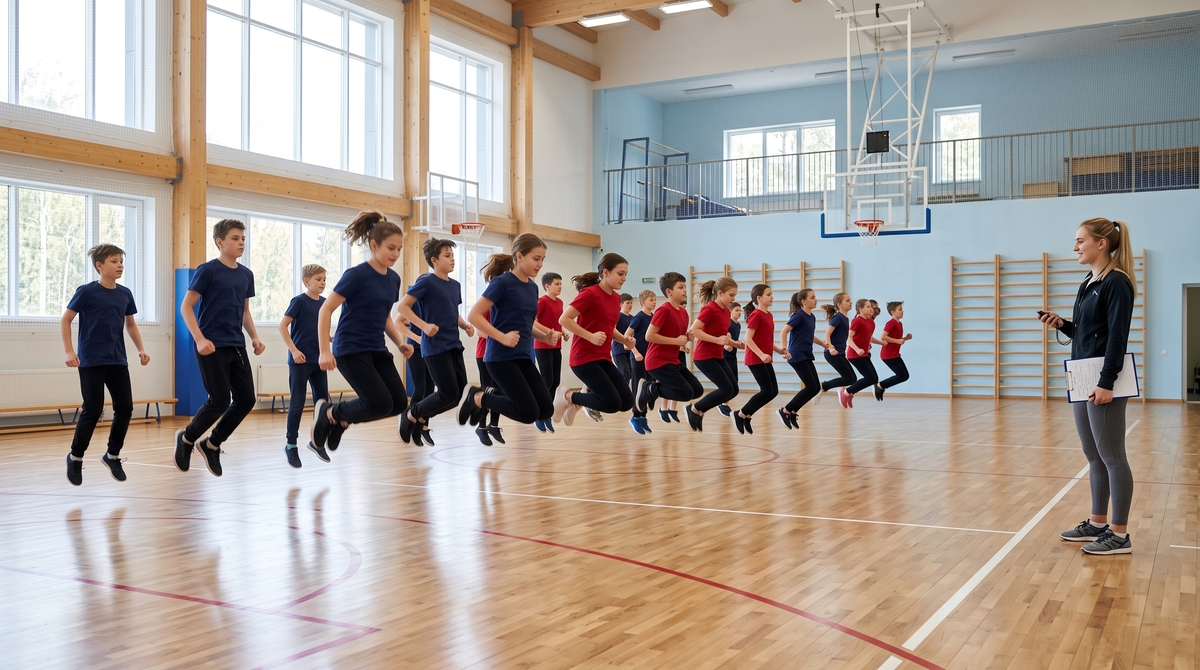Урок физкультуры в светлом спортзале, практикантка с секундомером и планшетом