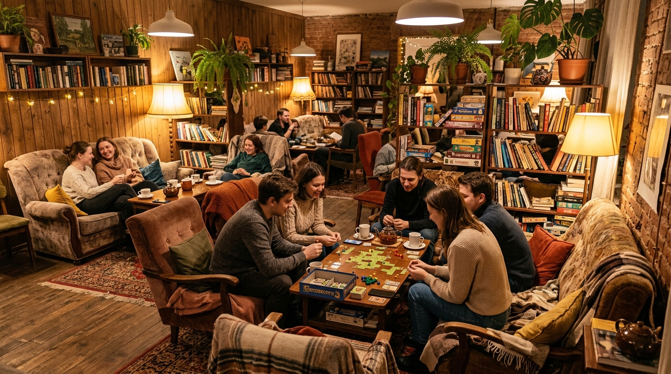 Интерьер антикафе: уютные диваны, книжные полки, настольные игры