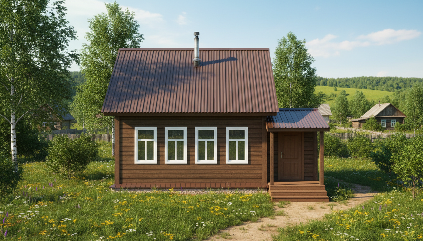 Дом, обшитый профлистом тёмно-коричневого цвета