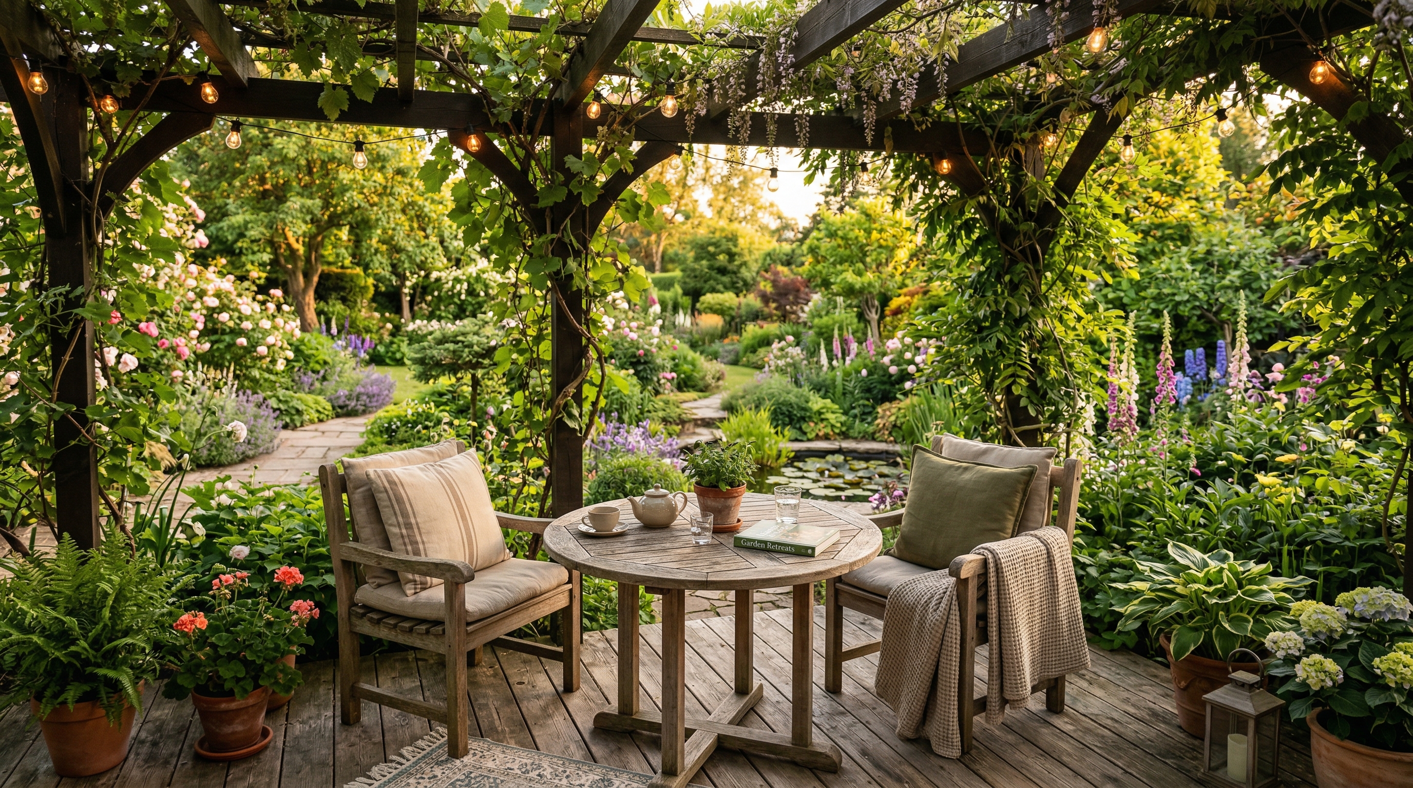 Зона отдыха на участке с деревянной террасой и pergola — ландшафтный дизайн