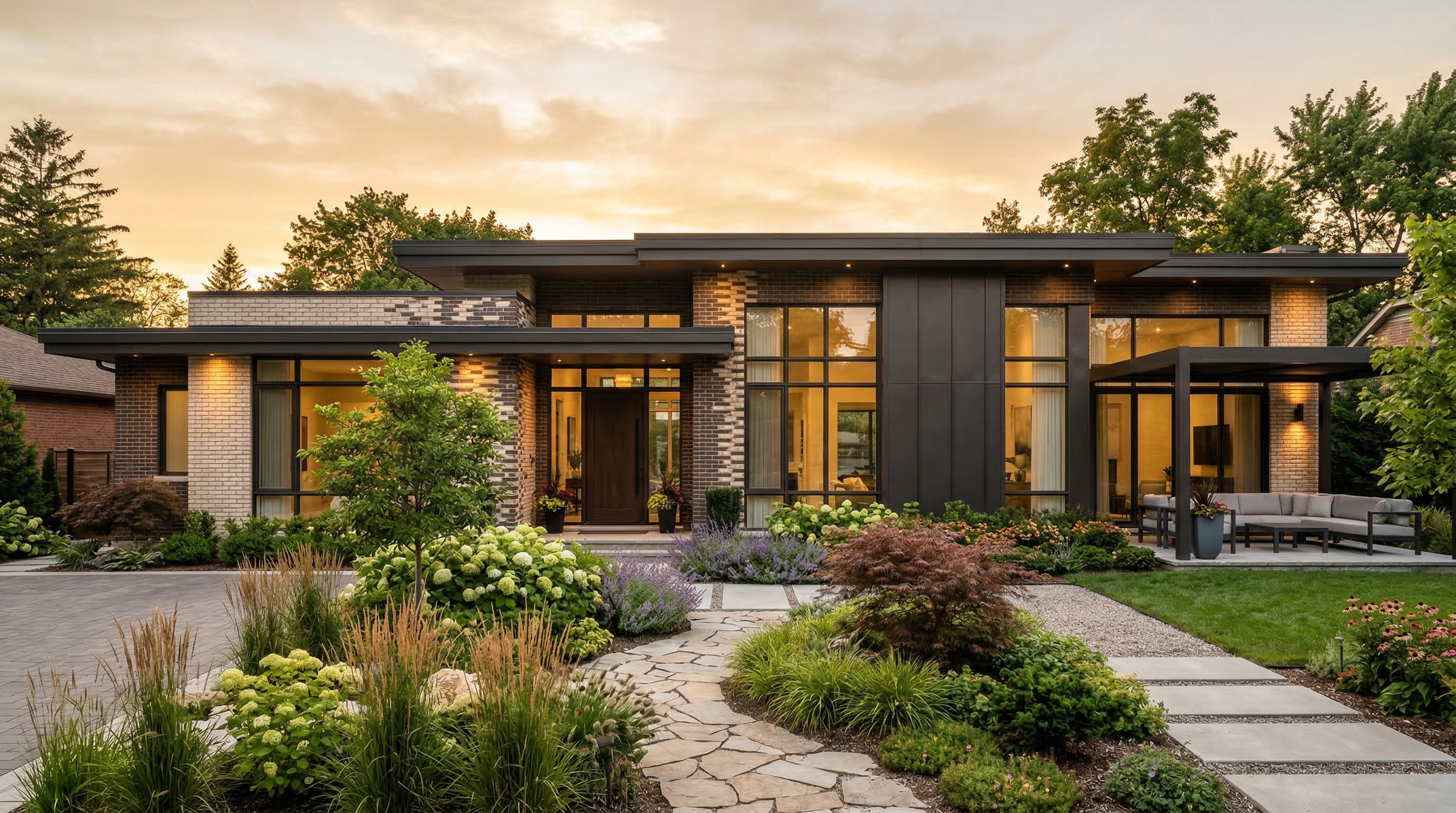 Современный одноэтажный дом с комбинированным кирпичным фасадом