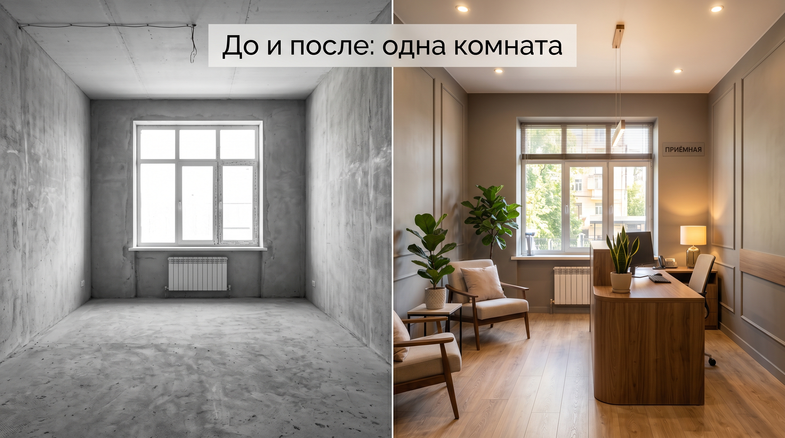До и после: одно и то же офисное помещение — слева бетонная коробка, справа готовый кабинет