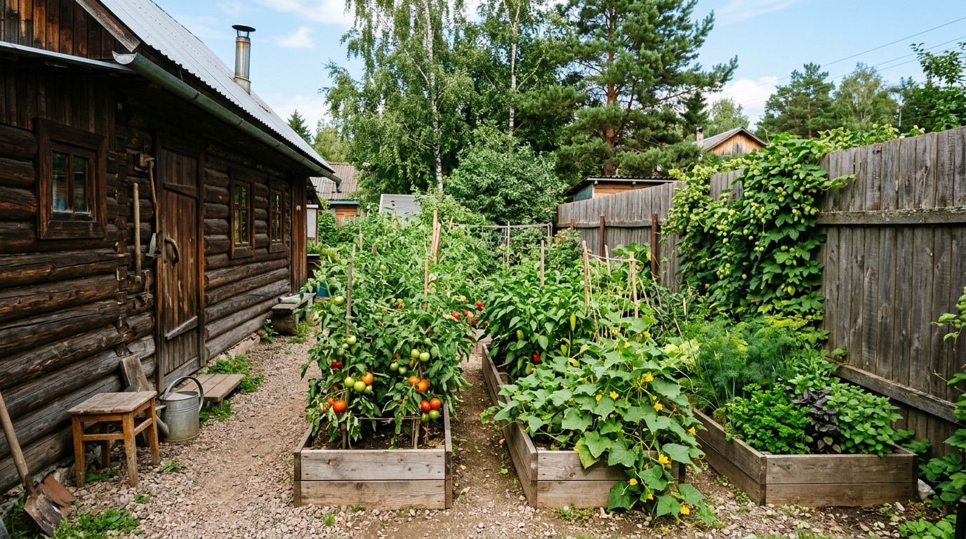 Огород между баней и забором, спрятанный от основной части участка