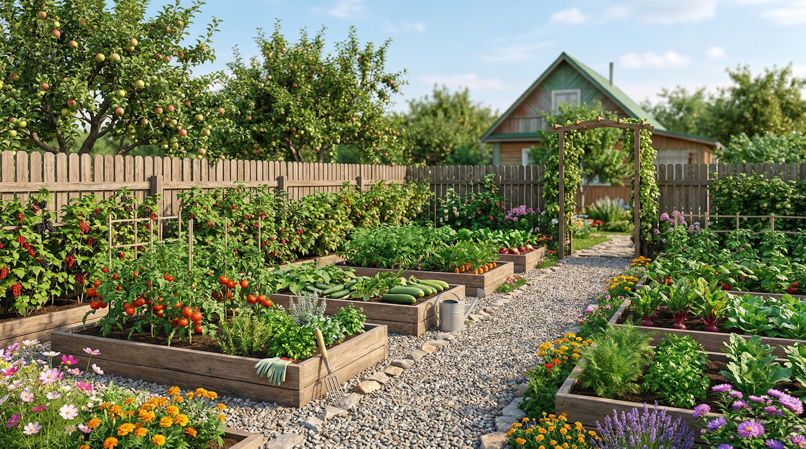 Огород с высокими грядками, яблони и ягодные кусты вдоль забора
