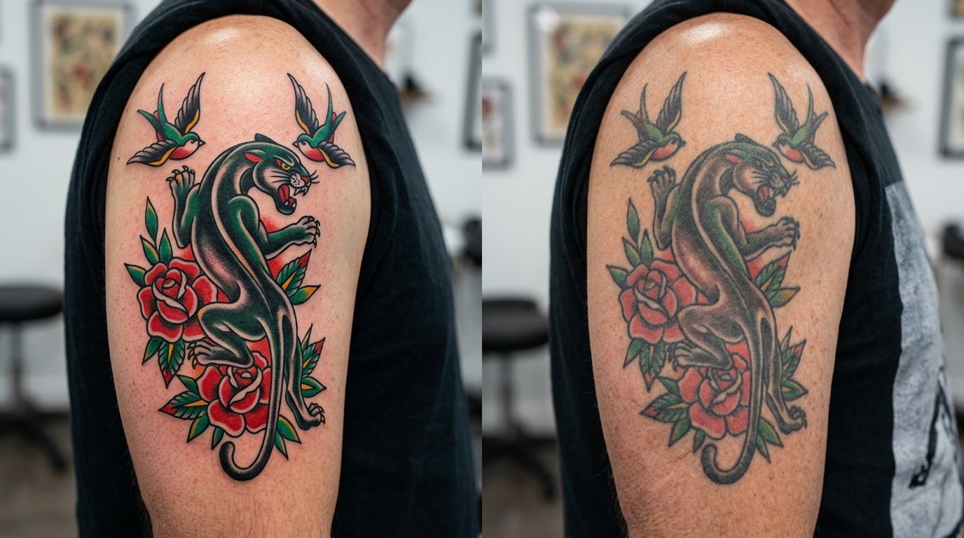 Сравнение олдскул-тату свежей и через 30 лет