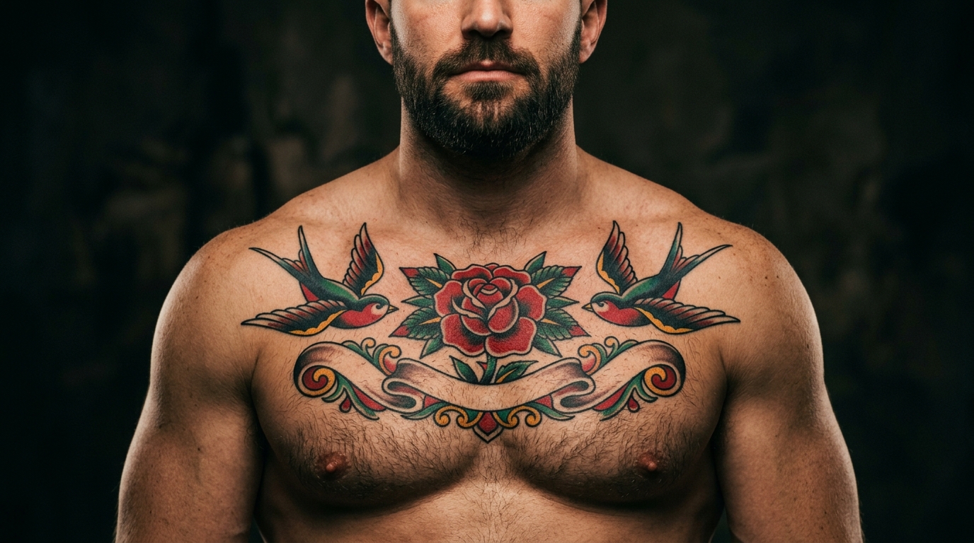 Олдскул-тату на мужской груди с ласточками и розой