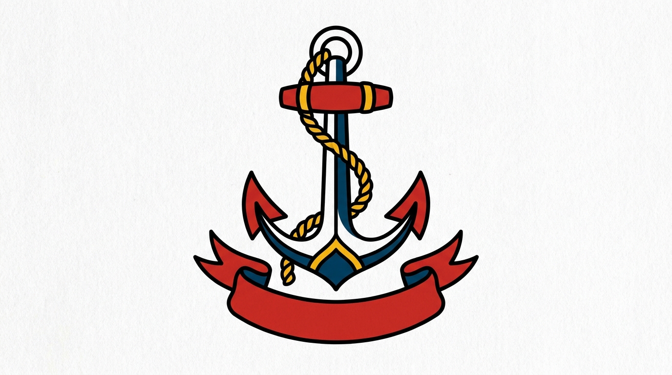 Эскиз тату олдскул якорь с канатом и лентой