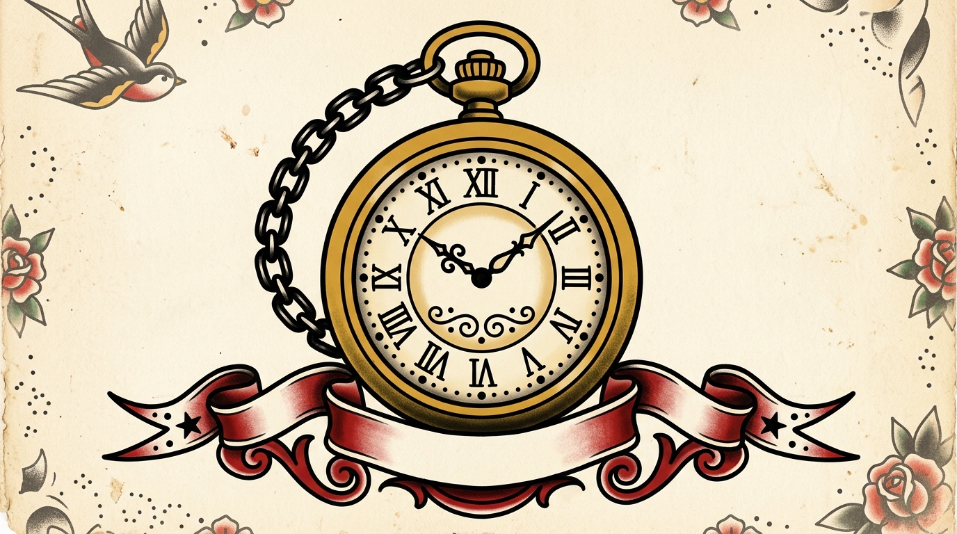 Эскиз тату олдскул карманные часы с римскими цифрами