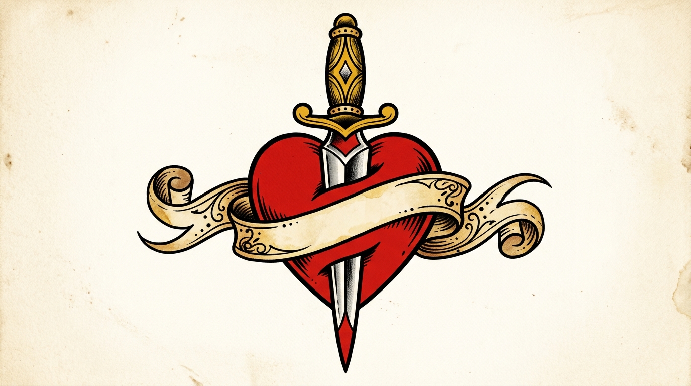 Эскиз тату олдскул кинжал через сердце