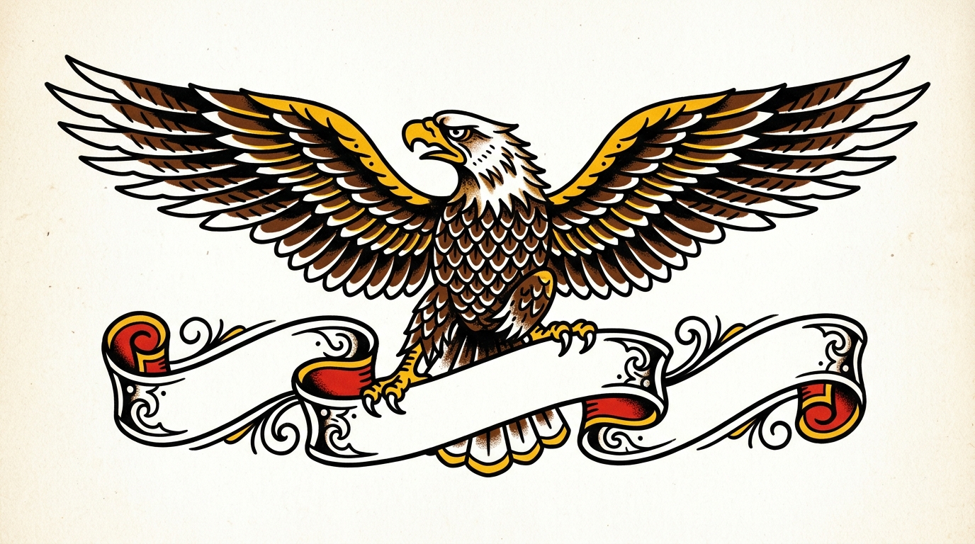 Эскиз тату олдскул американский орёл с расправленными крыльями