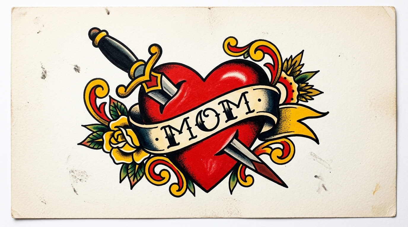 Эскиз тату олдскул красное сердце с лентой MOM