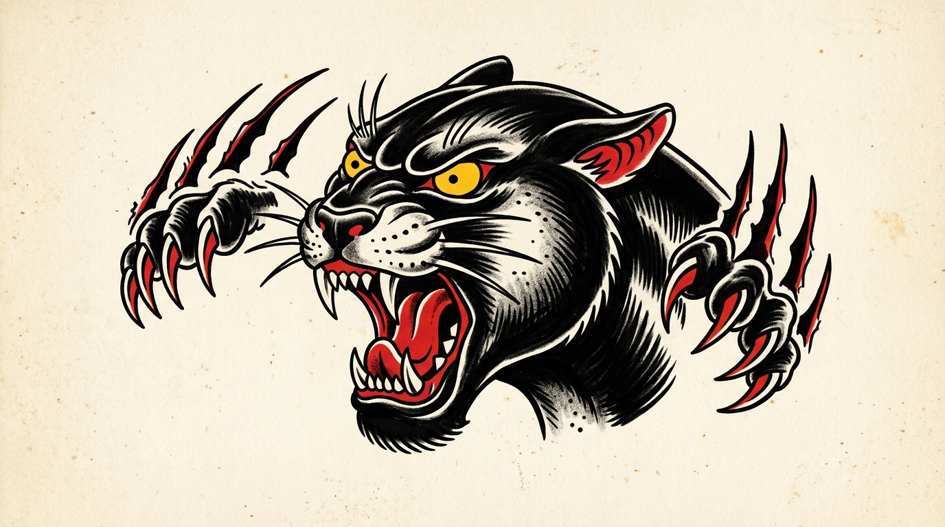 Эскиз тату олдскул чёрная пантера с когтями